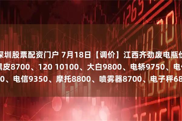 深圳股票配资门户 7月18日【调价】江西齐劲废电瓶价格：电动9950、黑皮8700、120 10100、大白9800、电轿9750、电信9350、摩托8800、喷雾器8700、电子秤6850。（单位：元/吨）